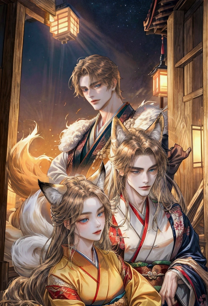 handsome kitsune hybrid man, 30 years-old, fair skin, long hair, light brown hair, blue eyes, fox ears, fox tail, wearing silk kimono, lean, athletic, seductive smirk, japanese environment, best quality