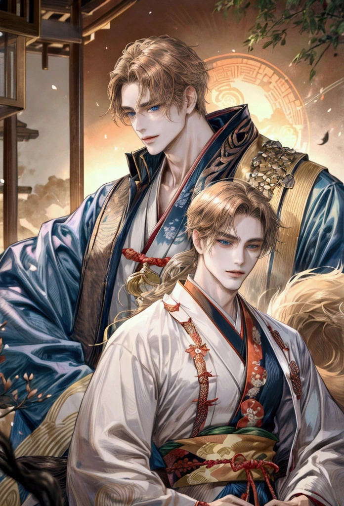handsome kitsune hybrid man, 30 years-old, fair skin, long hair, light brown hair, blue eyes, fox ears, fox tail, wearing silk kimono, lean, athletic, seductive smirk, japanese environment, best quality
