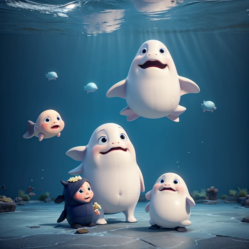 A crying whale and its parents watching it 