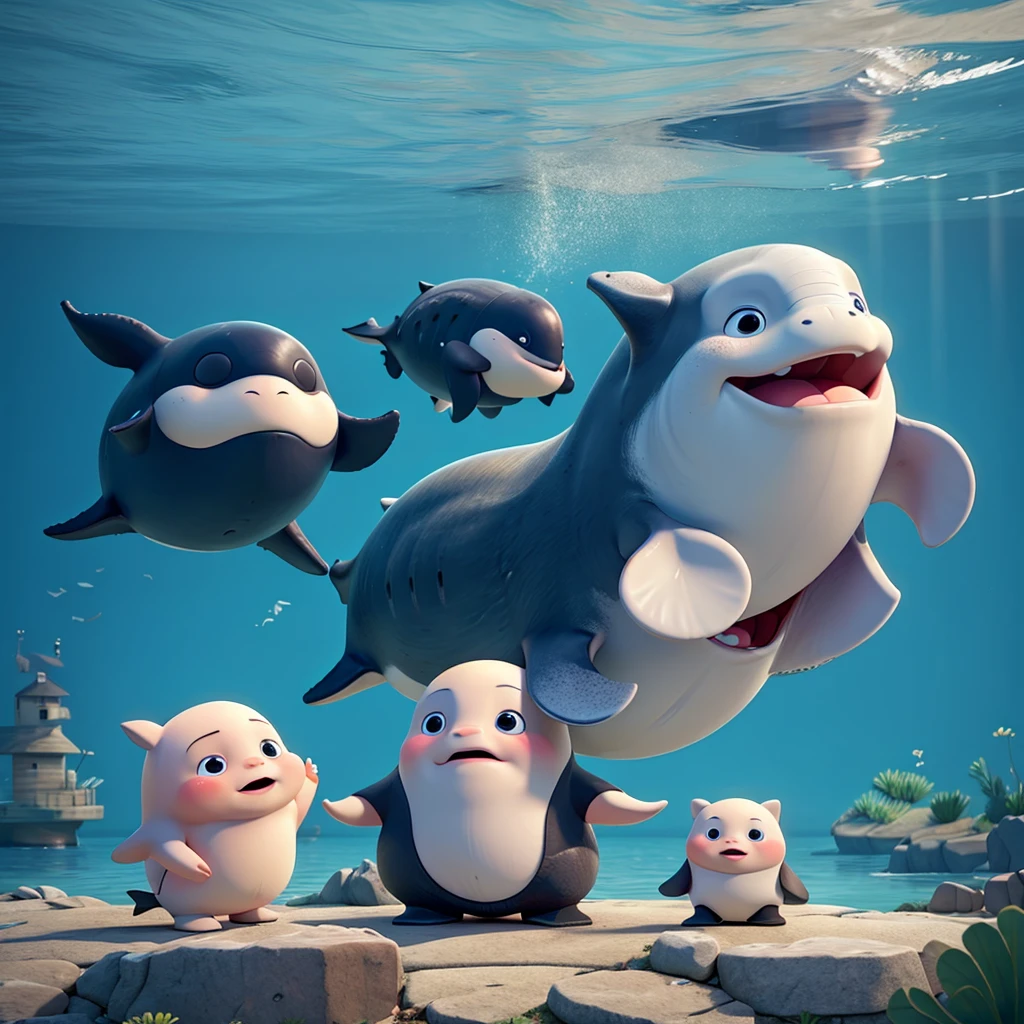 A crying whale and its parents watching it