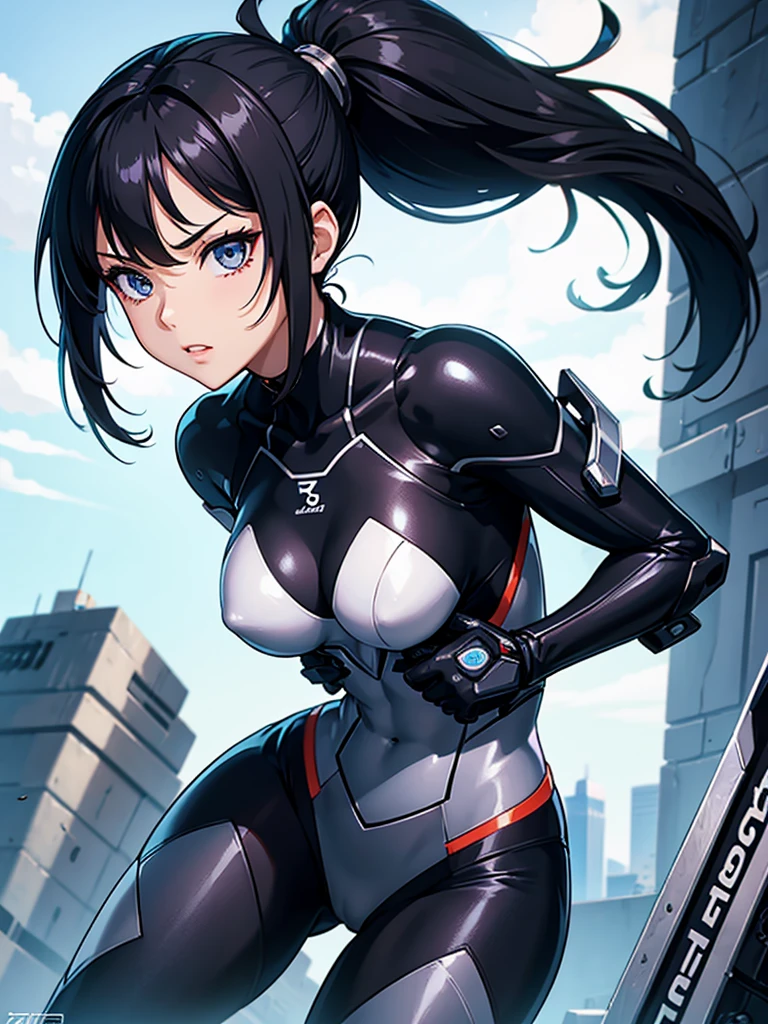 Sexy Cyborg Suit、、beautiful girl、ponytail、Black Hair、fight、White beam、H Cup