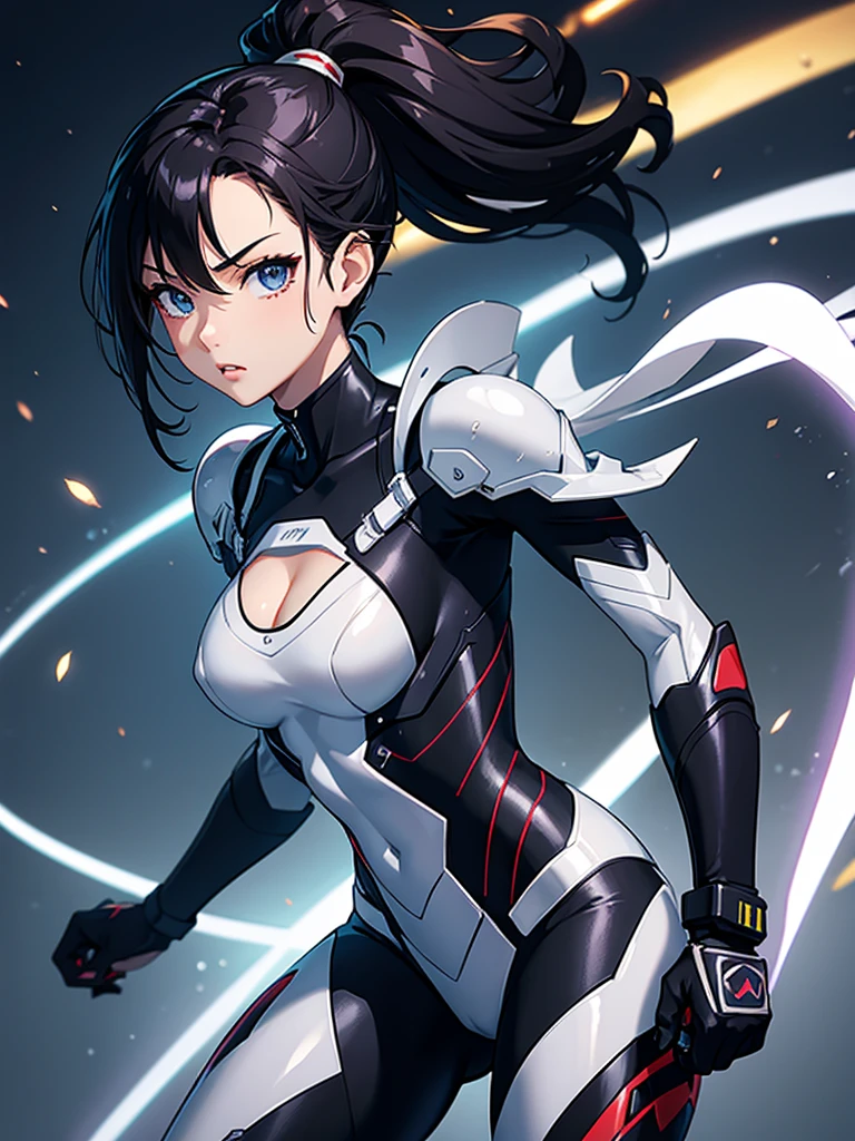 Sexy Cyborg Suit、、beautiful girl、ponytail、Black Hair、fight、White beam、H Cup