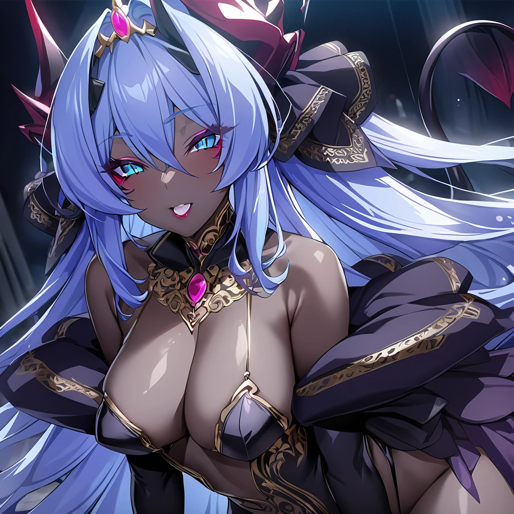 ((Highest quality)), ((masterpiece)), (detailed), (Perfect Face)、The woman is a beautiful, jet-black female demon, the queen of evil, Devil Extia, with medium-long blue hair, wearing a luxurious black wedding dress with gold embroidery and trim, a black wedding veil, an engagement ring, luxurious accessories, lipstick and makeup, and an elegant, beautiful female demon, the Demon Queen.、A great demon with jet black skin, evil devil horns, devil wings and a devil tail.