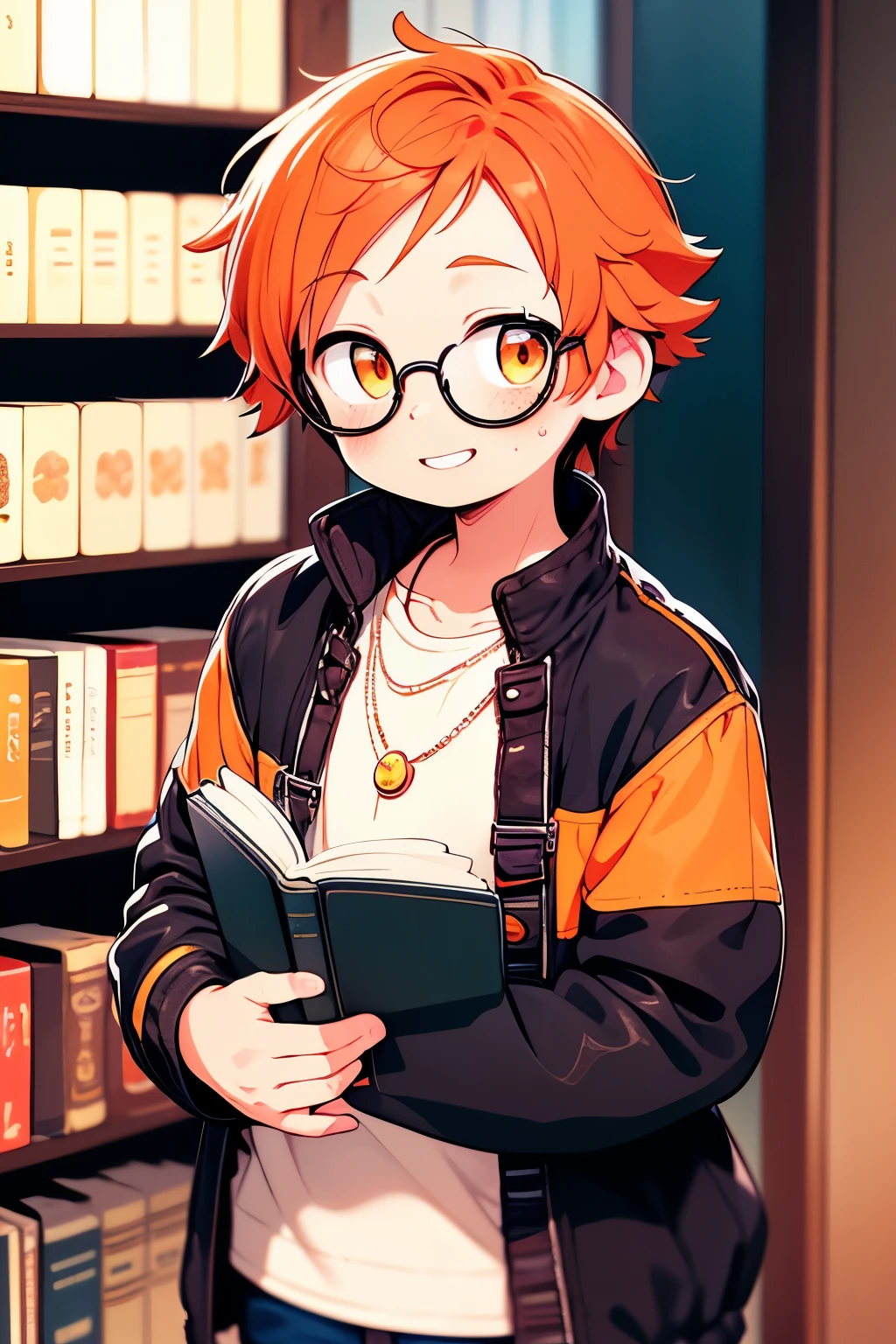 anime guy , 9 handsome guy faces , very dark brown eyes , light jean jacket , bright orange hair, cream shirt, black jeans , blush face, handsome guy, one black long necklace with a purple sphere, standing up reading a book, black convers, freckles on his face, smiling, pretty face, round transparent glasses, showing his perfect teeth