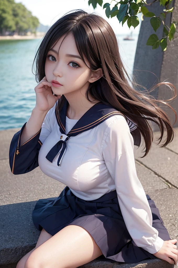 (Sit with your legs apart:1.4)、Full body view from head to toe、detailed slender legs、 (Short-sleeved sailor uniform:1.5), (Clothed big tits、tuck shirt into skirt:1.4),15-year-old high school girl,Cute Japanese Girl,シャツを押し上げるHuge breasts、(Bursting Busty:1.3), (Highly detailed beautiful face),Great face and eyes, (Best Quality:1.4), Beautiful feet(Super detailed),Thighs、Big Ass、Huge breasts,((Mastepiece, Best Quality, High resolution, Ticker, Perfect Pixel, Depth of written boundary, 4K, Ticker, Ticker)),1 Girl, One-off, Solo, Beautiful Anime Girl, Beautiful art style, Anime character, (Medium Hair、Hair between the eyes)), (Large round eyes, Beautiful eyelashes, Realistic eyes:1.2), (Smooth texture:0.75, Realistic texture:0.65, It's photorealistic:1.2, Anime CG Style), (Movement angle, Dynamic Pose:1.4), Perfect Body,Very large ,Breast bag、Wrinkles on shirt、