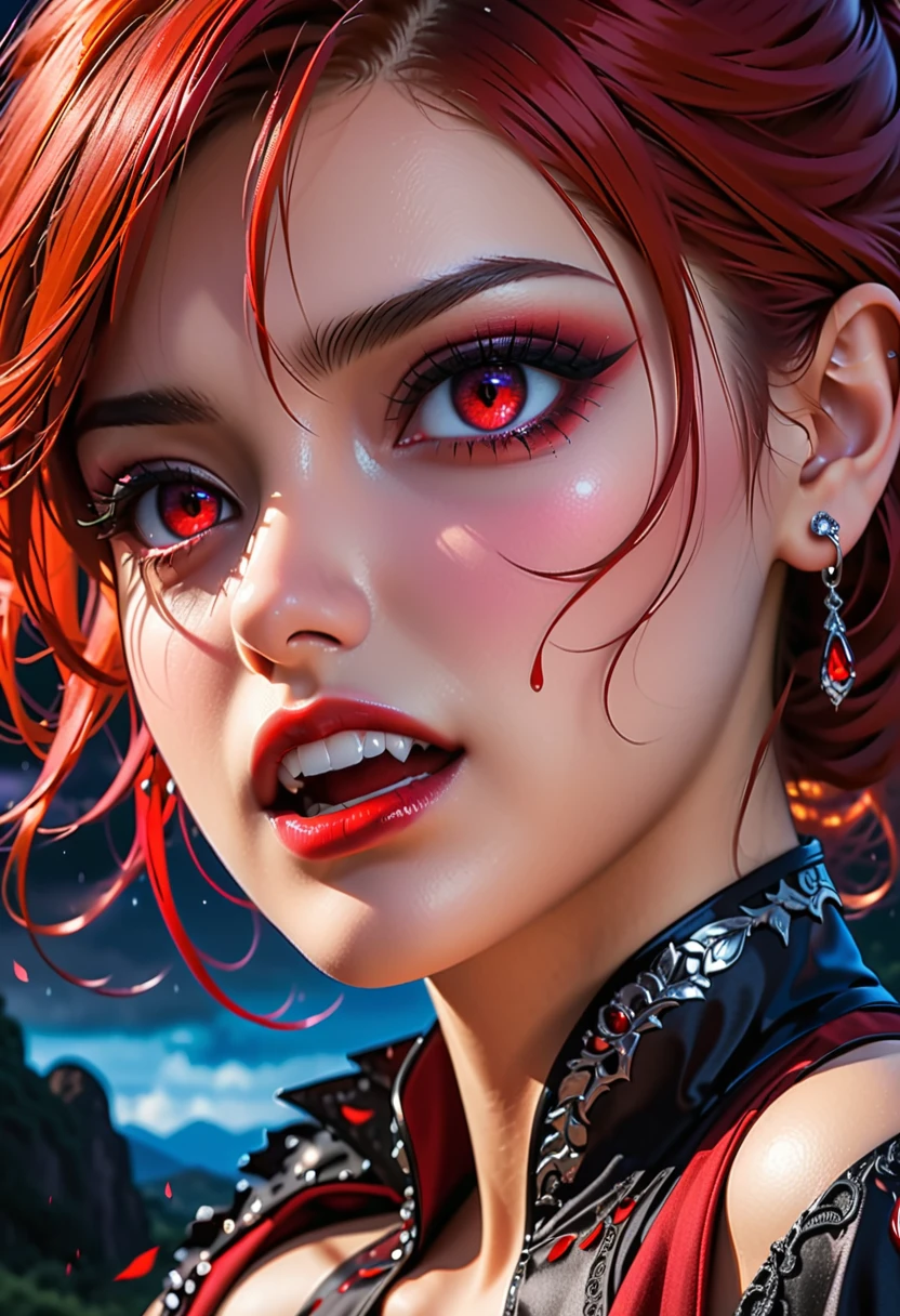 aa portrait of vampire with a bloody tear coming down from he eye, an exotic beautiful female vampire, red hair color, dynamic hair style, ultra detailed face, best detailed face, (silver eyes: 1.3), ((1single red teardrop: 1.3)), ((teardrop made from blood)), ((teardrop coming down from the eye: 1.3)), small cleavage, wearing two black diamond earrings, Ultra-high resolution, High Contrast, (masterpiece:1.5), highest quality, Best aesthetics), 16K fantasy art, best details, best quality, highres, (ultra wide angle: 1.2), 16k, [ultra detailed], masterpiece, best quality, (extremely detailed), ladyshadow, magical sky, crying style, vampire teeth