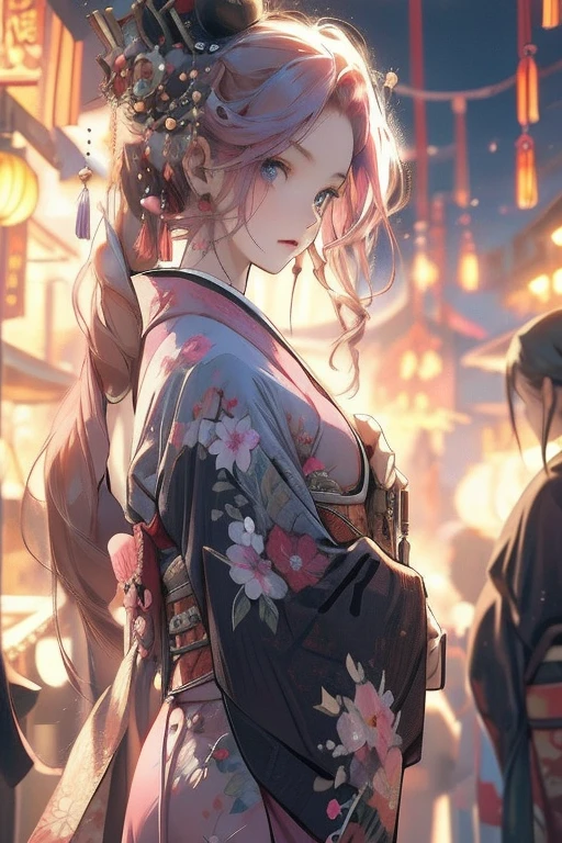 Perfect face. Perfect hands. A pink haired woman with violet eyes and an hourglass figure in a kimono is shopping in the market of a shrine at night