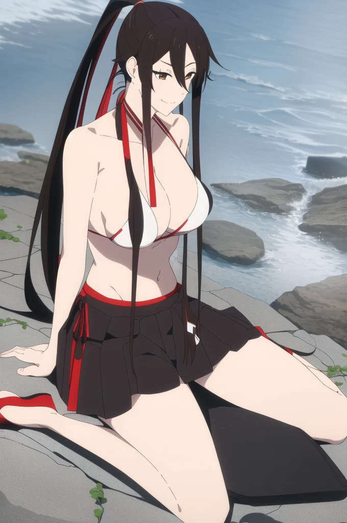 (masterpiece), (best quality), asaemon_sagiri, 1girl, solo, long_hair, black_hair, hair_between_eyes, brown_eyes, ponytail, sidelocks, high_ponytail, breasts, looking_at_viewer, blushed smile, large_breasts, cleavage, bare_shoulders, sitting, sitting on rock, collarbone, crossed_legs, black underwear, from_below, breasts, large breasts, big breasts, huge breasts, big tits, giant breasts, small bikini, bikini, white bikini, bare shoulders, bare arms, beach, ocean, underboob, island background
