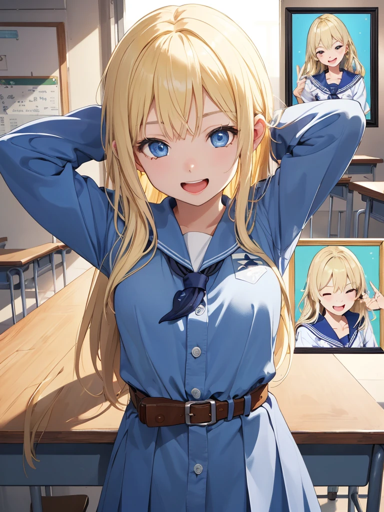 (realistic:1.4、masterpiece、top-quality、8k size wallpaper、offcial art)、(portrait,cowboy shot:1.6)、(1girl),(happy,Open mouth:1.3),(half closed eyes),cute face,blue eyes、(arms behind heads:1.5)、
,(stand),(Shining smile),
,(slender),(school uniform),(long fluorescence blonde hair1.3), (small breasts)、
、fluorescence、classroom,JK、