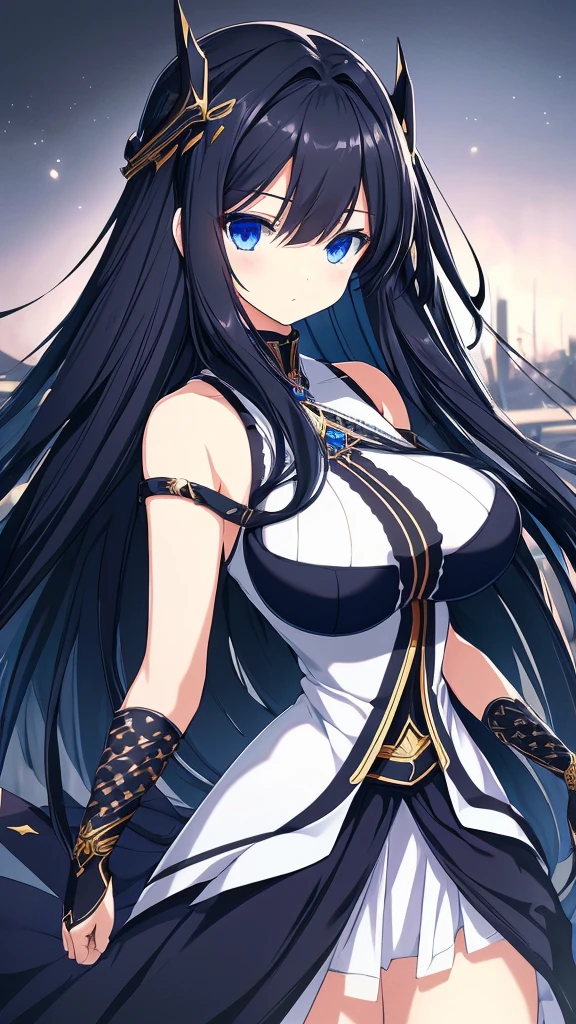 best quality, extremely detailed,anime style girl,long hair down to the waist, straight hair, ((dark black hair with bluish)),braid,beautiful detailed eyes, pinched eyes, (dark blue eyes),huge breasts,curvy,mechanical battle dress,clothing with complex patterns,hair ornament,cool expression,dynamic pose,