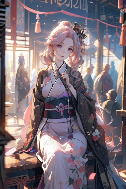 Perfect face. Perfect hands. A pink haired woman with violet eyes and an hourglass figure in a kimono is sitting with her scythe in the shrine with a big smile