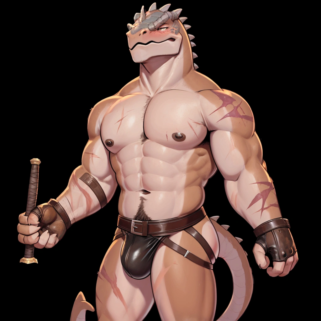 Solo Sexy young anthro acaliereptile dragon male mercenary medieval solider, slim slim muscular, anthro handsome gay shorter muzzle, handsome gay model male apperance, sword scars, worn out leather skimpy armament, low on hips heavy leather belt, old very worn out skimpy dirty linen material jockstrap, old yellow dirty worn out stains on white sawn jockstrap, very visible "x" brown seam pattern on the jockstrap, studded skimpy armlets breastplate armor, skimpy breastplate, leather bondages, fingerless leather gloves, smelly unwashed husk, dirty body look, desert battlefield, standing in sexy fighting position, close view of full character