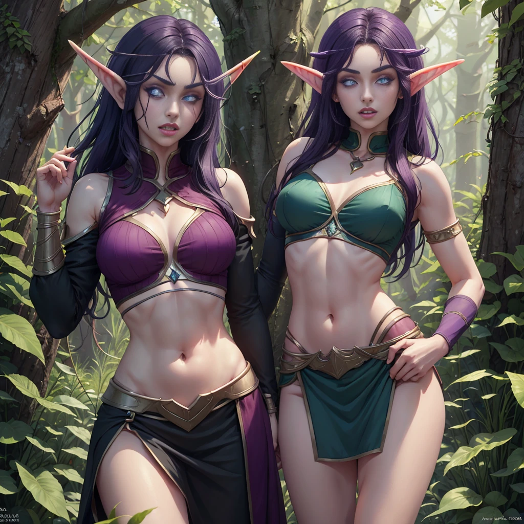 (Masterpiece, highly detailed, highly quality, highly resolutions), body facing viewer, conjoined_dicephalus, two heads, BREAK nightelf, angry, clenched teeth, glowing eyes, blue eyes, Purple Hair, colored skin, mature female, purple midriff, navel, purple spike shoulder pad, platinum trim, green leaves, jewelry, looking at viewer, forest, night, bare shoulders, spring season,