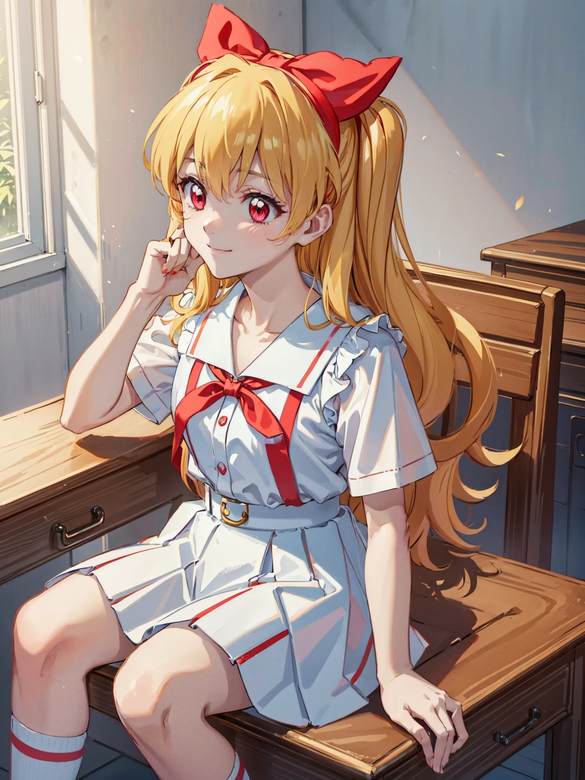 (red ribbon on hairband:1.2),（8K, best quality, muste piece:1.2)、ultra high resolution,1 very cute girl,hosimiya ichigo,ultra-detailed face, detailed eyes,RED eyes,,White sailor collar plain short sleeve shirt,light blue skirt,Light blue suspenders,uniform_red ribbon,Blonde Hair,long hair、detailed hand fingers,hand in own hair,smirk、sitting in a chair,desk in front of her,,classroom