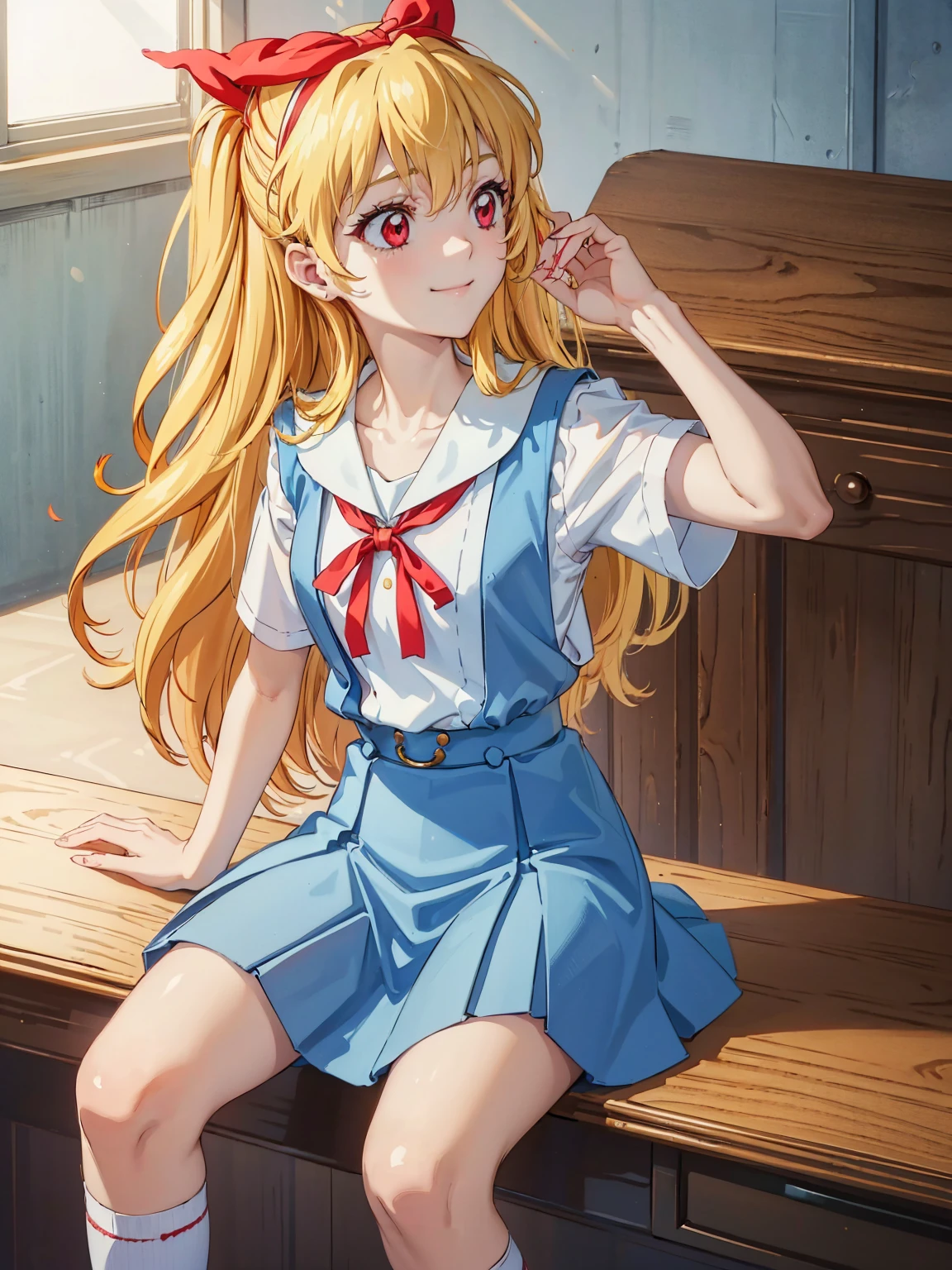 (red ribbon on hairband:1.2),（8K, best quality, muste piece:1.2)、ultra high resolution,1 very cute girl,hosimiya ichigo,ultra-detailed face, detailed eyes,RED eyes,,White sailor collar plain short sleeve shirt,light blue skirt,Light blue suspenders,uniform_red ribbon,Blonde Hair,long hair、detailed hand fingers,hand in own hair,smirk、sitting in a chair,desk in front of her,,classroom