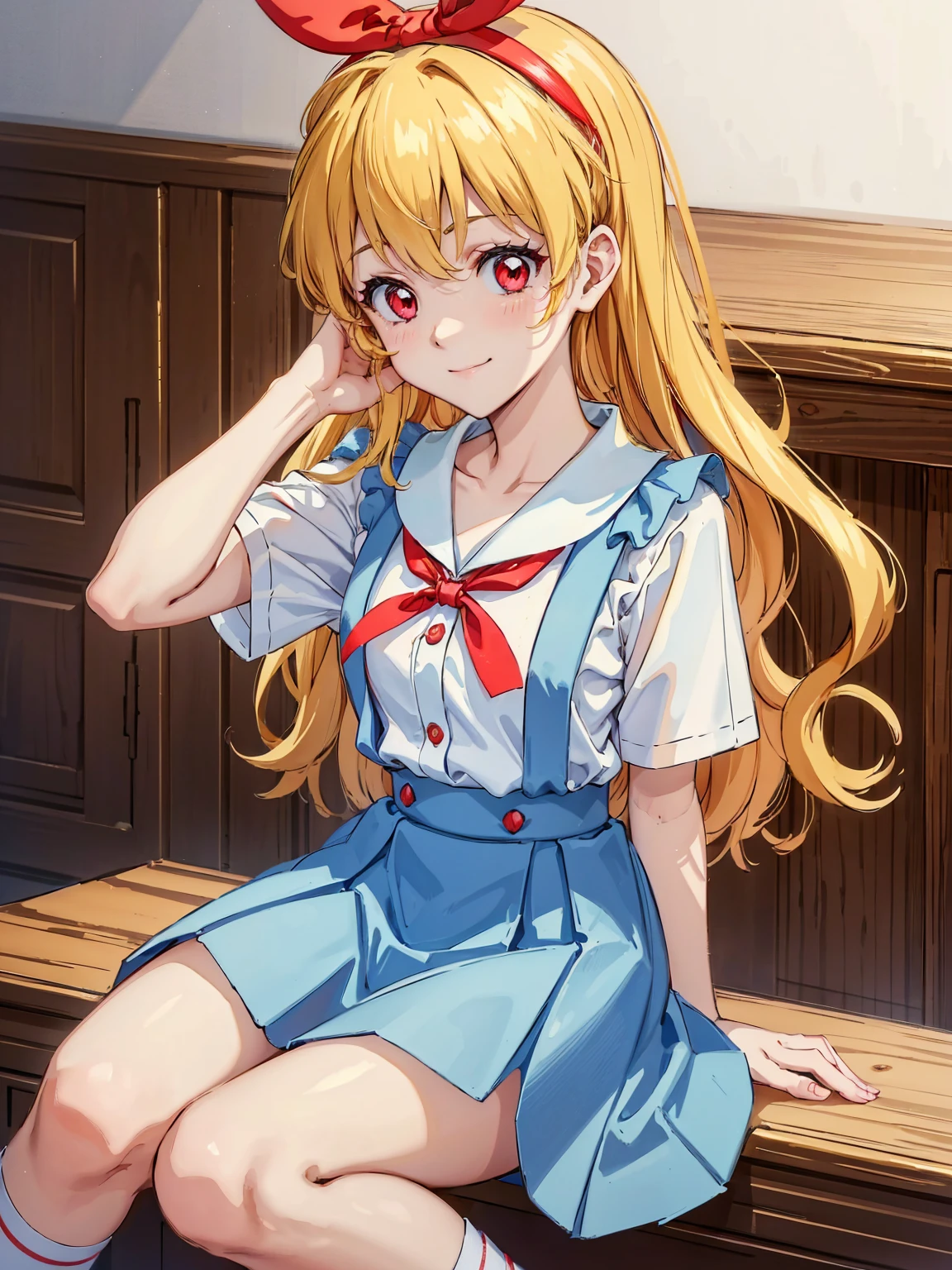 (red ribbon on hairband:1.2),(8K, best quality, muste piece:1.2)、ultra high resolution,1 very cute girl,hosimiya ichigo,ultra-detailed face, detailed eyes,RED eyes,,White sailor collar plain short sleeve shirt,light blue skirt,Light blue suspenders,uniform_red ribbon,Blonde Hair,long hair、detailed hand fingers,hand in own hair,smirk、sitting in a chair,desk in front of her,,classroom