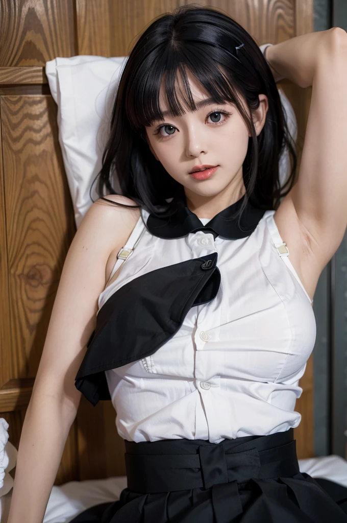 nsfw,((one man and one woman,having sex)),lying down,pcmisora,hairclip,shirt,black sailor collar,white skirt,ribbon on head,Ahegao,Highest image quality,masterpiece