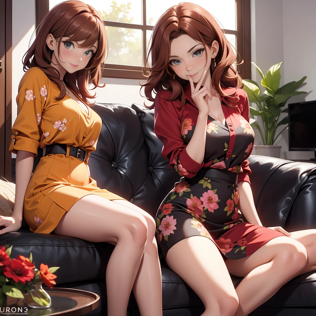 (Masterpiece), (4k), ) (vivid colors), (evening light) (different hairstyles) Woman of 40 with brown hair with red highlights dressed as a successful businesswoman with a pose and seductive look, accompanied by her 2 daughters, 13 yonde with a floral dress with small breasts, and the 16 years old, with red ium breasts, in a low-cut top and a shot in the living room of her house.
