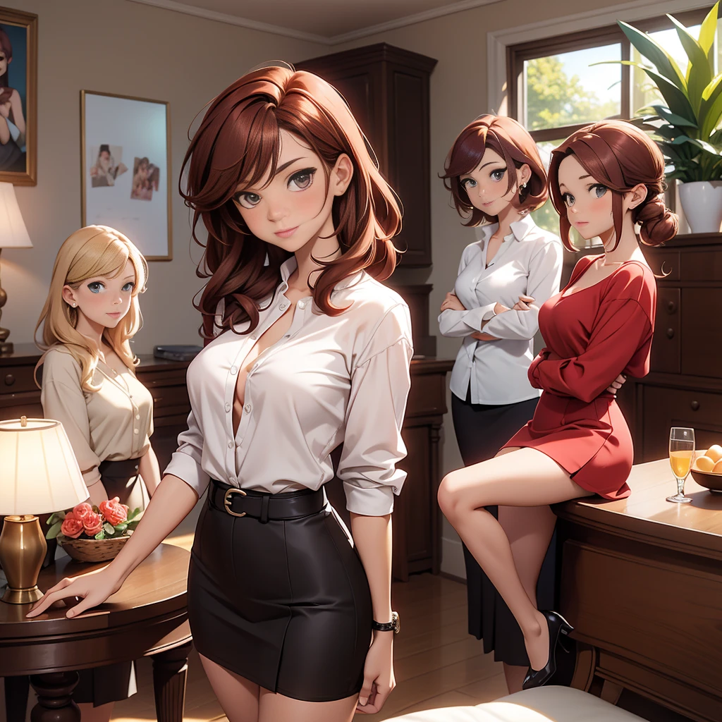 (Masterpiece), (4k), ) (vivid colors), (evening light) (different hairstyles) Woman of 40 with brown hair with red highlights dressed as a successful MILF businesswoman with a pose and seductive look, accompanied by her 2 daughters, 13 years old, blonde with a floral dress with small breasts, and the other, 16 years old, with red hair and medium breasts, in a low-cut top and a short skirt in the living room of her house.