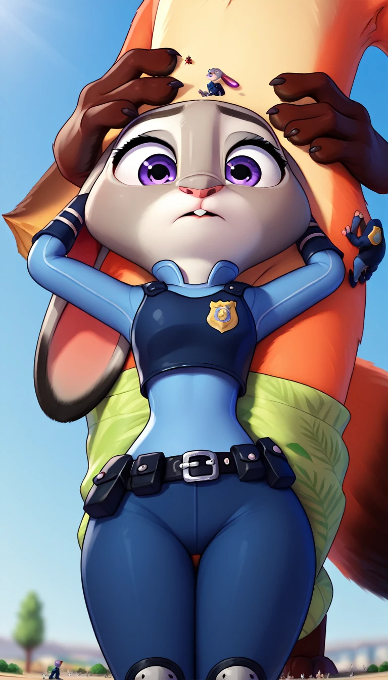 By disney pixar, 3d, duo, by qupostuv35, macro, ((judy hopps)), female, zootopia, (Police uniform, pants), thigh crushing, (break, (micro nick wilde's head between Judy's thighs))