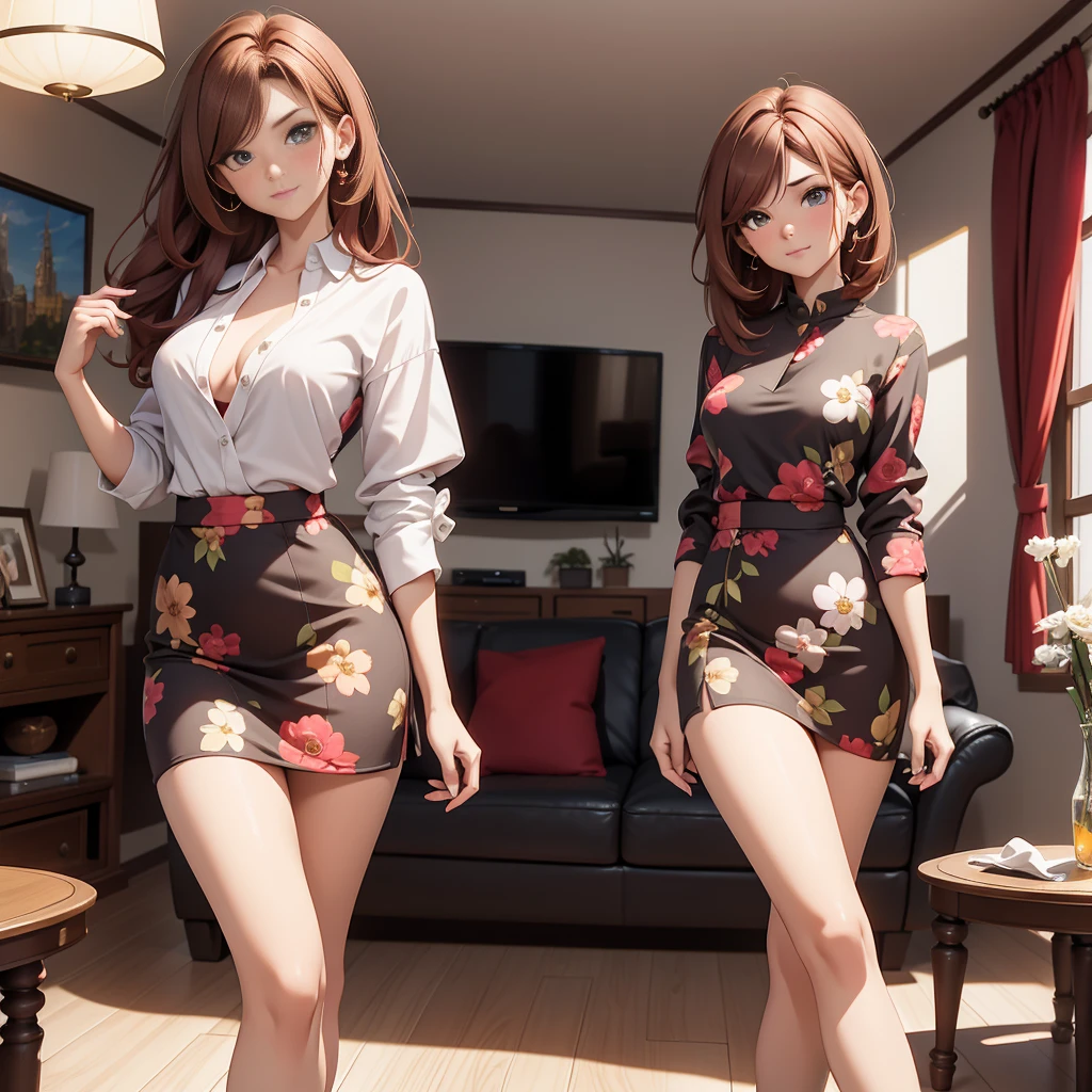 (Masterpiece), (4k), ) (vivid colors), (evening light) (different hairstyles) Woman of 40 with brown hair with red highlights dressed as a successful MILF businesswoman with a pose and seductive look, accompanied by her 2 daughters, 13 years old, blonde with a floral dress with small breasts, and the other, 16 years old, with red hair and medium breasts, in a low-cut top and a short skirt in the living room of her house.