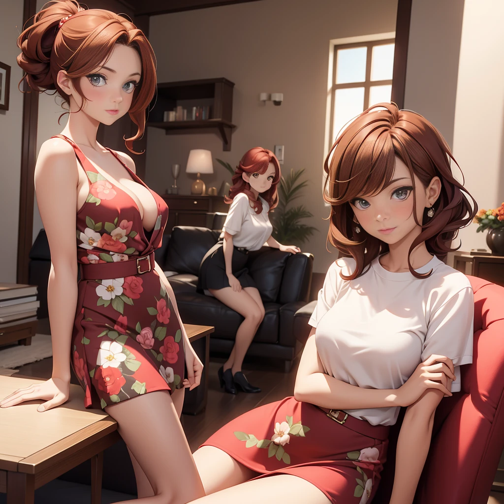(Masterpiece), (4k), ) (vivid colors), (evening light) (different hairstyles) Woman of 40 with brown hair with red highlights dressed as a successful MILF businesswoman with a pose and seductive look, accompanied by her 2 daughters, 13 years old, blonde with a floral dress with small breasts, and the other, 16 years old, with red hair and medium breasts, in a low-cut top and a short skirt in the living room of her house.