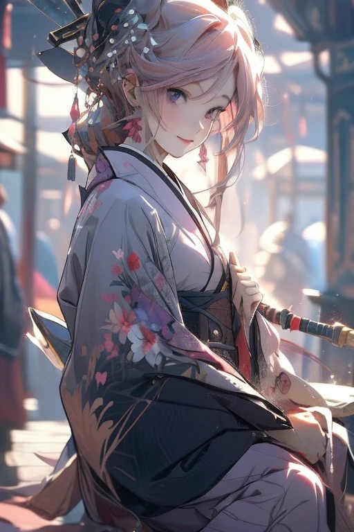 Perfect face. Perfect hands. A pink haired woman with violet eyes and an hourglass figure in a kimono is sitting with her scythe in the shrine with a big smile