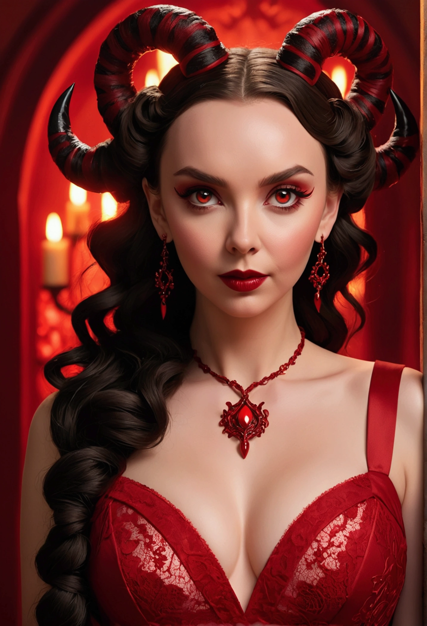 Full body shot Jodie Comer devil, ringlets wavy five feet long black hair, updo hairstyle with ponytail on one side and long hairpins holding the bun long braid, strong thighs, dark red glossy lips, heavy red eye shadow long red eyeliner, long sharp claws, red lace beautiful and creative devil outfit, huge cleavage, devil horns, no earrings, no earrings, no earrings, no jewels, beautiful forehead lace ornament, posing in a feminine devil hell, happy expression, red ambience night time fire lights. No faces on her chest!