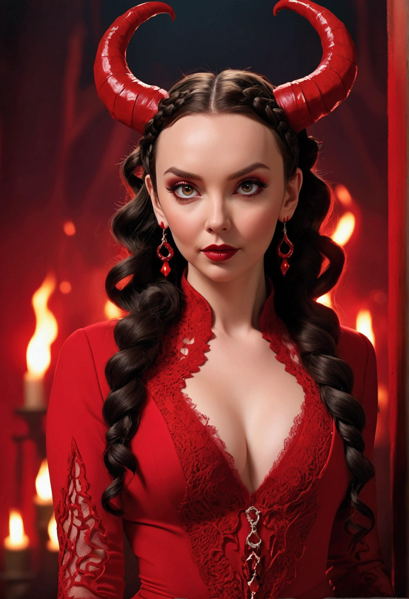 Full body shot Jodie Comer devil, ringlets wavy five feet long black hair, updo hairstyle with ponytail on one side and long hairpins holding the bun long braid, strong thighs, dark red glossy lips, heavy red eye shadow long red eyeliner, long sharp claws, red lace beautiful and creative devil outfit, huge cleavage, devil horns, no earrings, no earrings, no earrings, no jewels, beautiful forehead lace ornament, posing in a feminine devil hell, happy expression, red ambience night time fire lights. No faces on her chest!