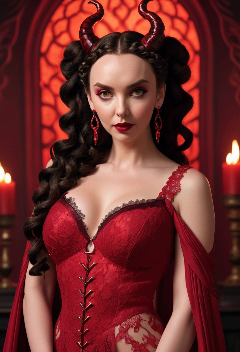 Full body shot Jodie Comer devil, ringlets wavy five feet long black hair, updo hairstyle with ponytail on one side and long hairpins holding the bun long braid, strong thighs, dark red glossy lips, heavy red eye shadow long red eyeliner, long sharp claws, red lace beautiful and creative devil outfit, huge cleavage, devil horns, no earrings, no earrings, no earrings, no jewels, beautiful forehead lace ornament, posing in a feminine devil hell, happy expression, red ambience night time fire lights. No faces on her chest!