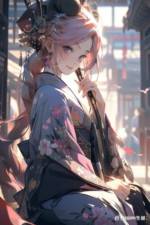 Perfect face. Perfect hands. A pink haired woman with violet eyes and an hourglass figure in a kimono is sitting with her scythe in the shrine with a big smile