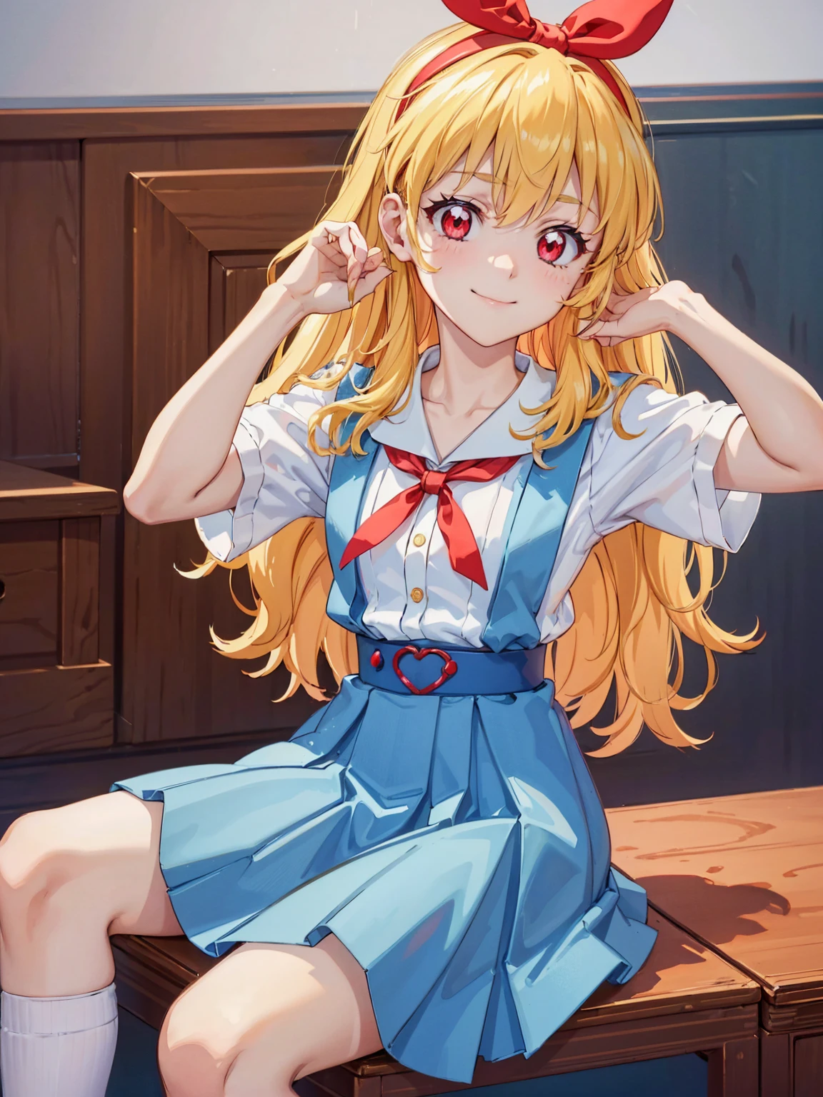 (red ribbon on hairband:1.2),(8K, best quality, muste piece:1.2)、ultra high resolution,1 very cute girl,hosimiya ichigo,ultra-detailed face, detailed eyes,RED eyes,,White sailor collar plain short sleeve shirt,light blue skirt,Light blue suspenders,uniform_red ribbon,Blonde Hair,long hair、detailed hand fingers,hand in own hair,smirk、sitting in a chair,desk in front of her,,classroom