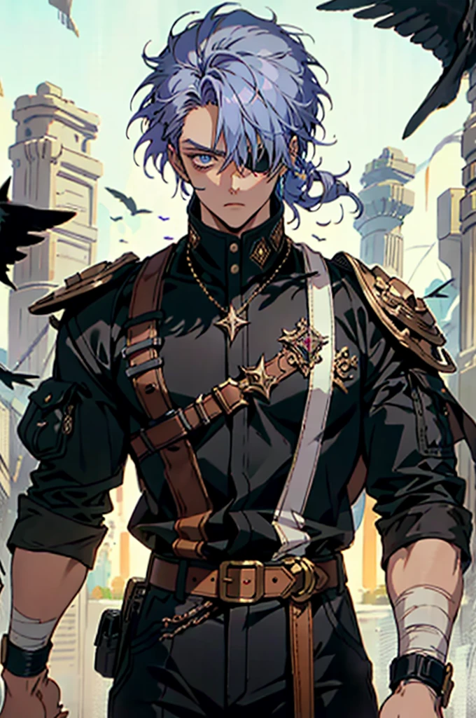 A man with medium-length fluffy lavender-blue hair parted in the middle, his upper face obscured by bandage eye patch, gazes intensely with deep-set eyes, a square face, a wild expression, a sturdy physique, clad in a fantasy-style wild sleeveless coat with leather light armor, a gemstone belt cinches his waist, he wears wrist guards, cargo pants, one hand on his hip gripping the belt, the backdrop of a desolate island where countless black birds soar, this character embodies a finely crafted fantasy pirate-style overlord in anime style, exquisite and mature manga art style, high definition, best quality, highres, ultra-detailed, ultra-fine painting, extremely delicate, professional, perfect body proportions, golden ratio, anatomically correct, symmetrical face, extremely detailed eyes and face, high quality eyes, creativity, RAW photo, UHD, 32k, Natural light, cinematic lighting, masterpiece-anatomy-perfect, masterpiece:1.5