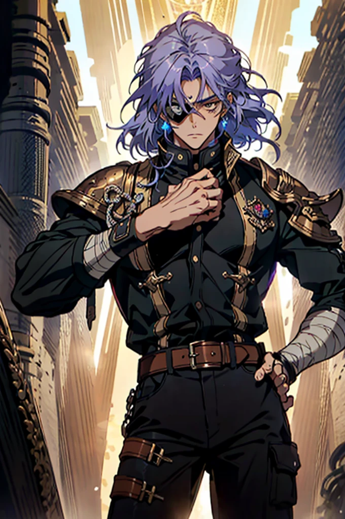 A man with medium-length fluffy lavender-blue hair parted in the middle, his upper face obscured by bandage eye patch, gazes intensely with deep-set eyes, a square face, a wild expression, a sturdy physique, clad in a fantasy-style wild sleeveless coat with leather light armor, a gemstone belt cinches his waist, he wears wrist guards, cargo pants, one hand on his hip gripping the belt, the backdrop of a desolate island where countless black birds soar, this character embodies a finely crafted fantasy pirate-style overlord in anime style, exquisite and mature manga art style, high definition, best quality, highres, ultra-detailed, ultra-fine painting, extremely delicate, professional, perfect body proportions, golden ratio, anatomically correct, symmetrical face, extremely detailed eyes and face, high quality eyes, creativity, RAW photo, UHD, 32k, Natural light, cinematic lighting, masterpiece-anatomy-perfect, masterpiece:1.5