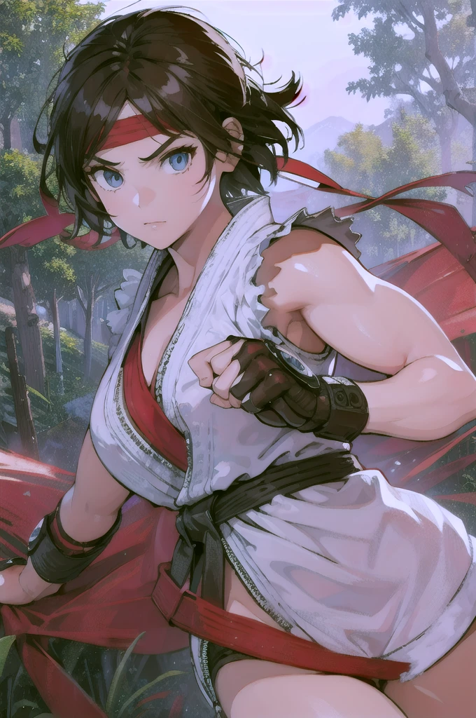 (masterpiece, best quality:1.2), expressive eyes, perfect face, highres, 1girl, solo, ryu \(sf\), (female:1.5), black hair, short hair, dougi, fingerless gloves, headband, fighting pose, portrait, looking at the viewer