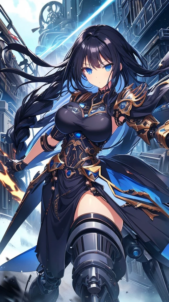 best quality, extremely detailed,anime style girl,long hair down to the waist, straight hair, ((dark black hair with bluish)),braid,beautiful detailed eyes, pinched eyes, (dark blue eyes),huge breasts,curvy,((((mechanical battle dress)))),clothing with complex patterns,hair ornament,cool expression,dynamic pose,mysterious place