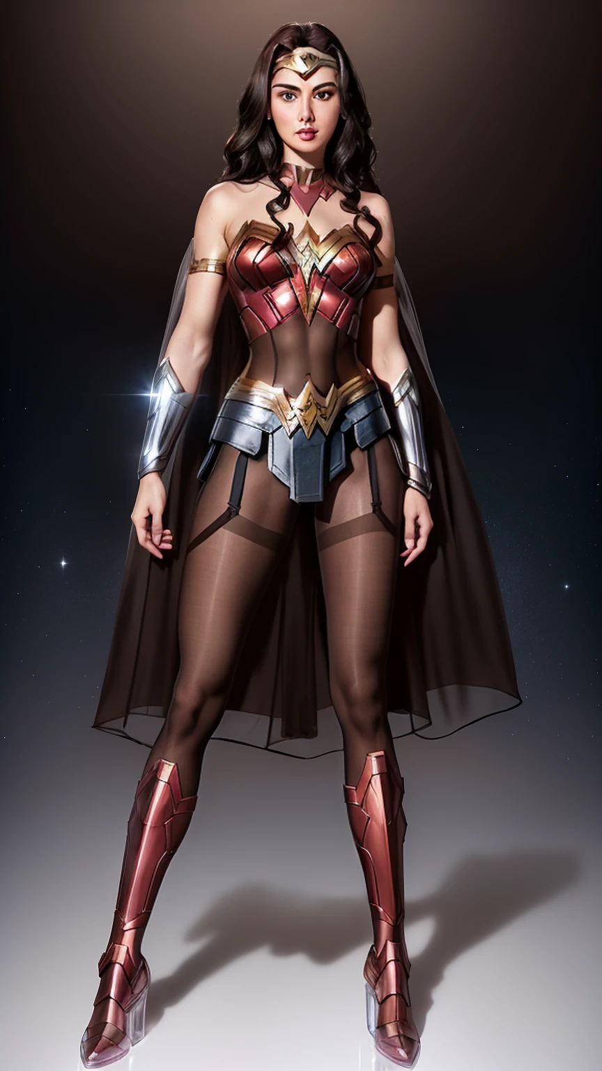 ((Full body shot, standing, feet on the ground))(Wonder Woman) in the style of Iron Man, beautiful face, gorgeous, incredibly attractive, palladium bodice, armored female chest piece, platinum battle skirt, platinum shin guards, ((feet in view)), style of Marvel, thin, slim, athletic, small hips, small butt, ready for battle, shiny armor, palladium gauntlets, palladium tiara, realistic long wavy curly black hair, (entire subject is in view), (((shiny sheer transparent brown pantyhose))), smoky eyeshadow, long eyelashes, light pink lipstick, feminine, highly detailed, 4k, intense detail, masterpiece, UHD