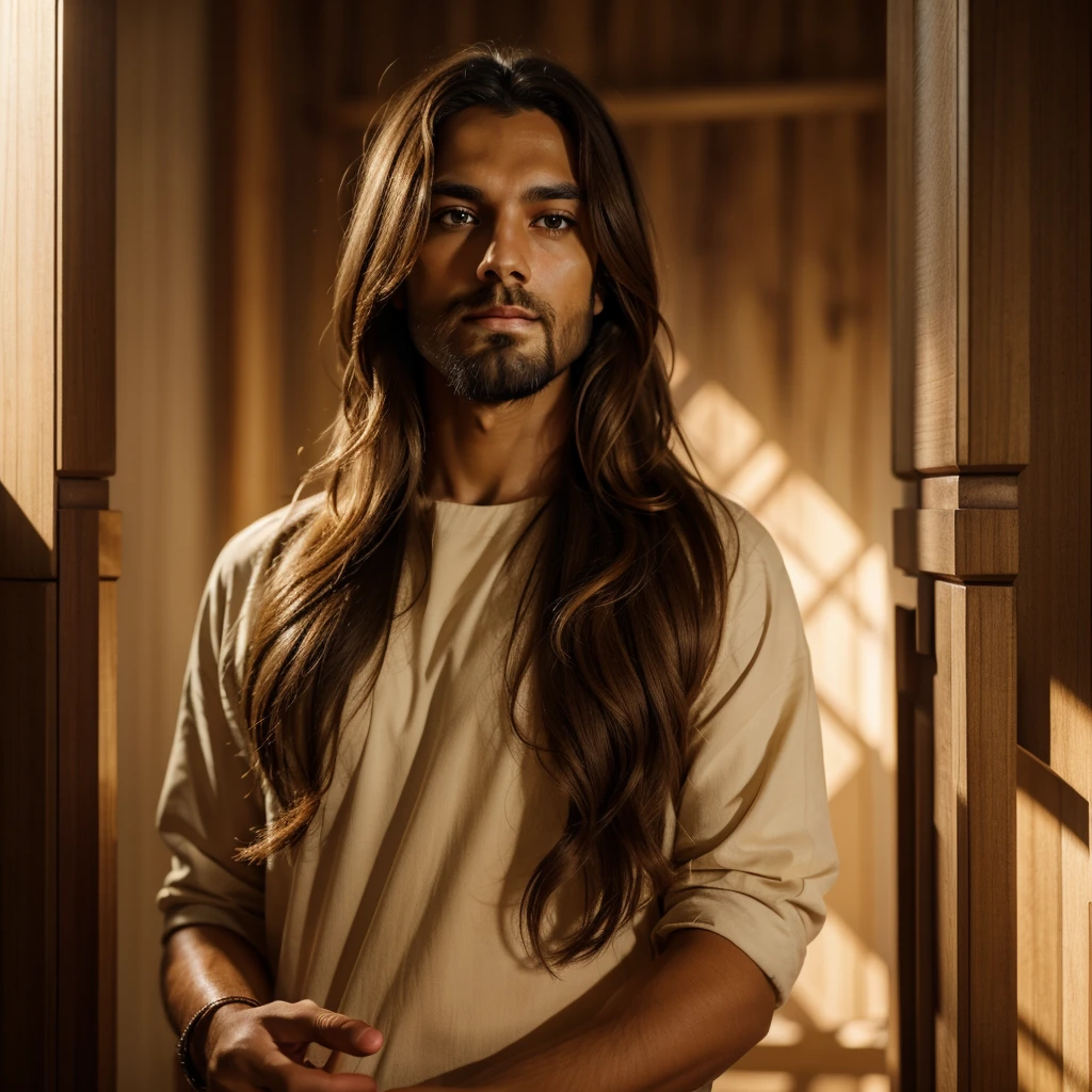 Create an image with vibrant, detailed style. The image must present a figure that represents Jesus Christ. Jesus has long brown hair, a well-groomed beard, and expressive brown eyes. His expression is serene and serious, and he is making the peace gesture with the fingers of his right hand raised, forming a 'V'. The lighting should be soft, highlighting your face and hair with a golden glow in the background. In the background, the environment is slightly blurred, but with tones of light and shadow that complement the main figure. The image must have high resolution and fine details. The artistic style should be hyper-realistic and vibrant, with rich colors and well-defined contrasts. Jesus' expression must convey a message of peace and urgency. The background should have a smooth bokeh effect without distracting from the main character.