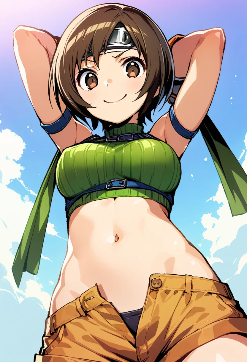 score_9, score_8_up, score_7_up,,BREAK , ,navel below view.,mediumshot,arms up,arms behind head.,looking_at_viewer,1girl, yuffie kisaragi, final fantasy, short hair,headband,navel,sleeveless,turtleneck,brown eyes,sleeveless turtleneck,solo,breasts,looking at viewer,smile,gloves,crop top,brown hair,shorts,midriff,,sweater,open fly,fingerless gloves,ribbed sweater,medium breasts,,smile,smug,best quality,aesthetic,very aesthetic,masterpiece,(high-resolution),