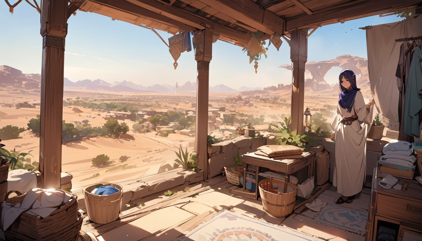 masterpiece, best quality, detailed, beautiful, 4K, FHD, highres,landscape,Arabia, fantasy,In the city,Home,Laundry