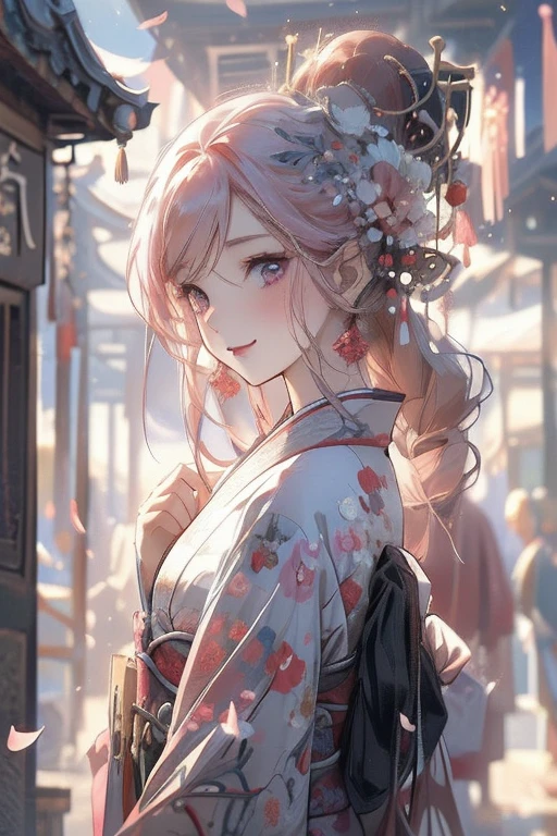 Perfect face. Perfect hands. A pink haired woman with violet eyes and an hourglass figure in a kimono is smiling in a flurry of peony petals at the shrine with a blush