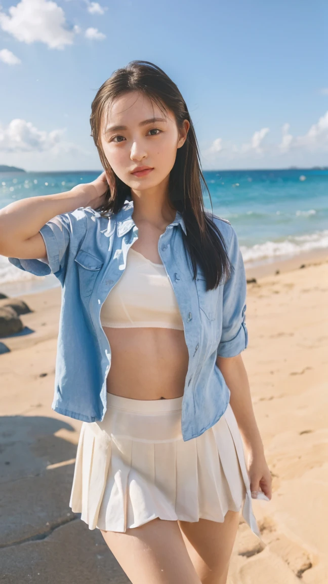 (((Top-down configuration:1.33)))、((No underwear:1.55))、One Girl、Beautiful and detailed eyes and face、barefoot、20 year old cute Japan woman, ((Extremely precise and accurate anatomy:1.0)), (photo Realistic:1.4), (hyper Realistic:1.4), (最高品質のRealisticな肌の質感:1.4), (Improvement of quality:1.4), (Enhances the beauty of skin texture:1.1), Clean and glowing skin, mesh, thin:1.2, (Realistic:1.3), Realisticなライティング, (Smoother lighting:1.05), (Improving the quality of cinema lighting:0.9), Backlight, A gentle light on your face, Ray Tracing, (Bright light:1.2), 32K, One Japanese woman, fine grain, Detailed face, (Film Grain:1.1),(Accentuates body lines:1.1), High resolution, Natural look, Kind eyes, Improves hair quality, Delicate light and shadow, Transparent muscles, Graceful pose, Beautiful Eyes, Sharp details, Soft light reflection, Beautiful contours, Delicate skin tone, Fine hair texture, Natural background, (((Open shirt、Pleated skirt、Scooping seawater with hands:1.25、splash、Sandy Beach、Light of the sun、clear blue sea、The waves crash quietly、Blue sky and white clouds、green mountain々、Beautiful Nature、The joys of youth)))、