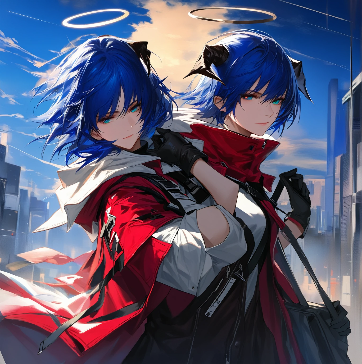 (woman), ((Mostima from arknights)), masterpiece, best quality, blue hair, ((short hair)), horns, plain white shirt, red fullbody coat, dark blue eyes, realistic anime style, faint smile, ((portrait)), black gloves, carring a bag, halo.

