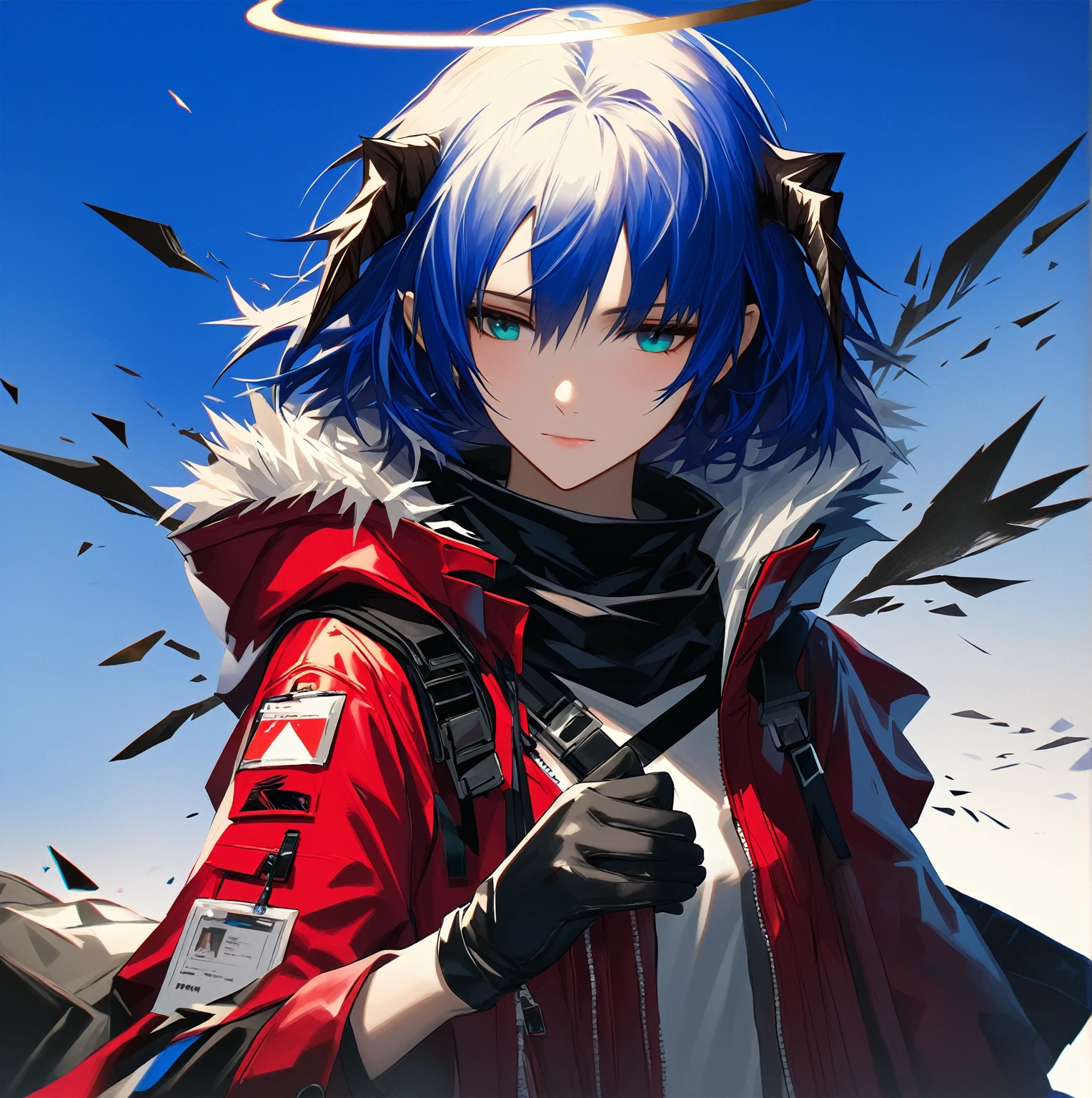 (woman), ((Mostima from arknights)), masterpiece, best quality, blue hair, ((short hair)), horns, plain white shirt, red fullbody coat, dark blue eyes, realistic anime style, faint smile, ((portrait)), black gloves, carring a bag, halo.