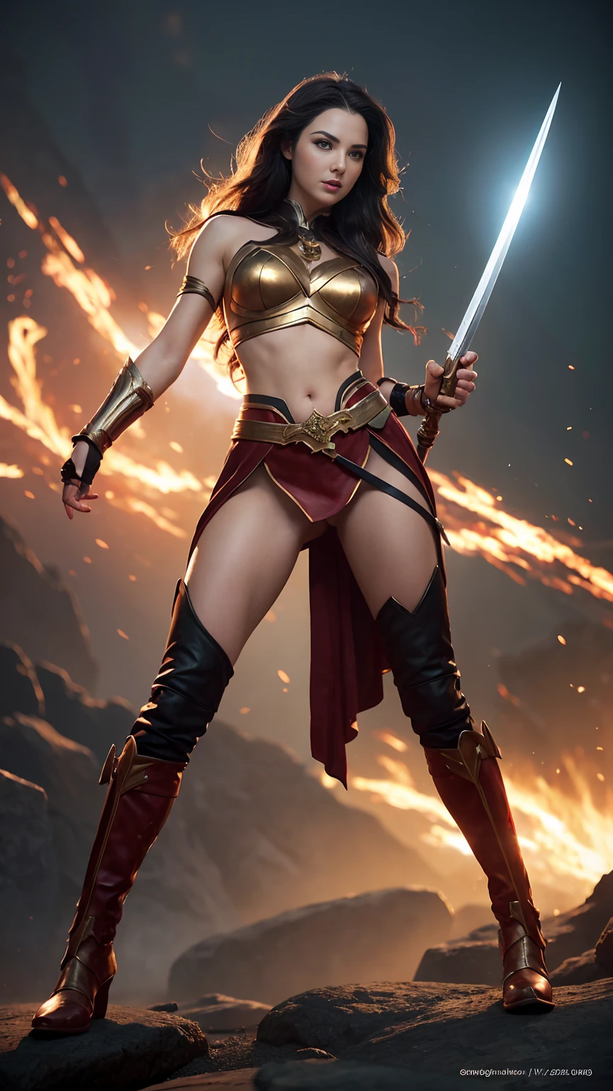 ((Full body photo, standing, feet on the ground)) a woman dressed as a warrior holding a sword, sexy painting of gal gadot, tyler edlin fantasy art, fantasy woman, gal gadot as hell lord, zenescope, a very beautiful berserker woman, magali villeneuve', as seen on artgerm, very beautiful female barbarian, artgerm julie bell beeple, 4k fantasy art