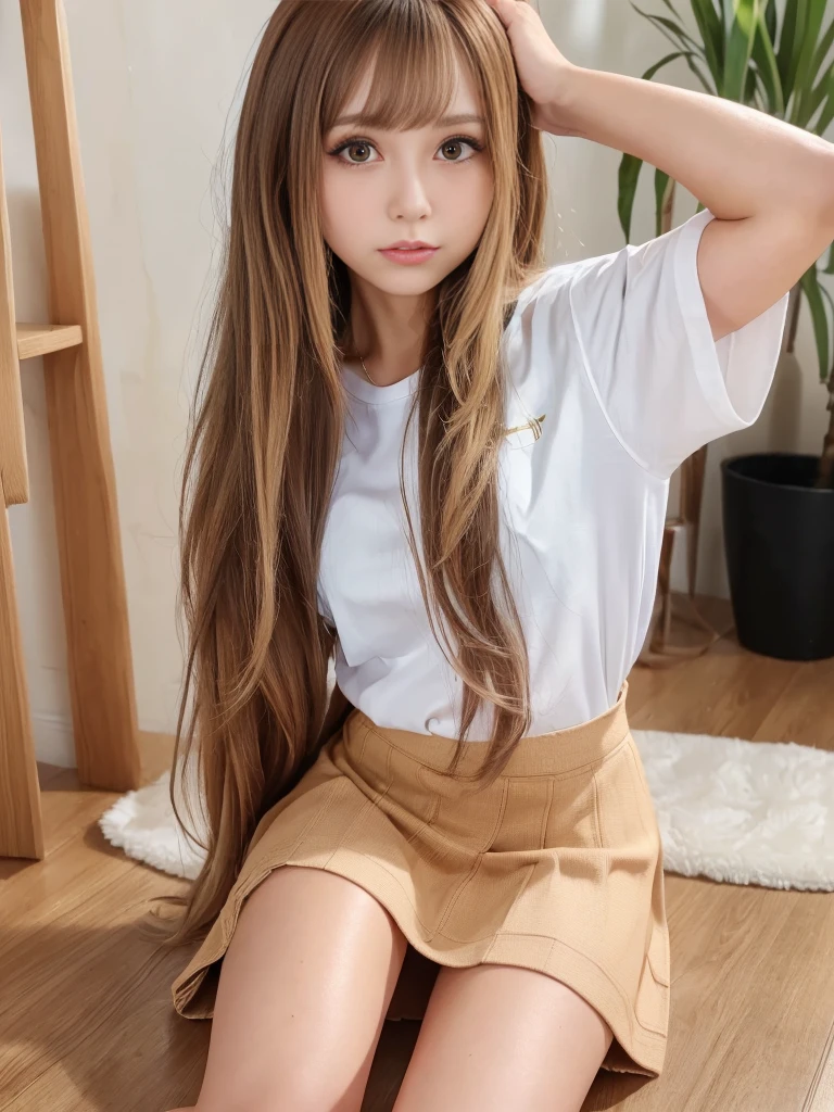 Highest quality, masterpiece, High resolution, original, One Girl, Light honey-colored straight hair with outward curls, The most beautiful 15 year old girl in the world, Young body shape, childish expression, Beautiful light brown eyes, Big double eyelid eyes, Glossy Lips, Round face, eyeliner, , Please tilt your head a little, shirt, button３out of place, Peeking into the chest, The chest is exposed, Small breasts, Small breasts, In an empty park, Cute light blue mini skirt, You can see her white panties, A glimpse of white panties, Squatting in pumps, Snow-white skin, Glowing Skin and Bright Cheeks, Small breasts, A shy smile, Beautiful thighs, Low Angle, Accentuate your thighs, Thighs become dew, 