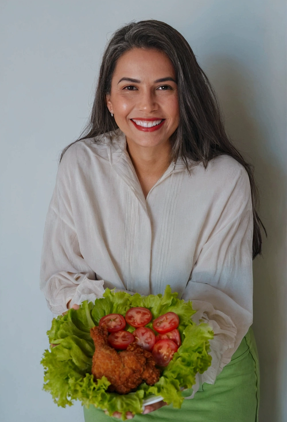 woman with medium wavy hair holding a plate of fried chicken with lettuce and cut tomatoes. She has a clear smile on her face. In the background there is a completely clear wall. Look at the model image and make it as close as possible to it, please.