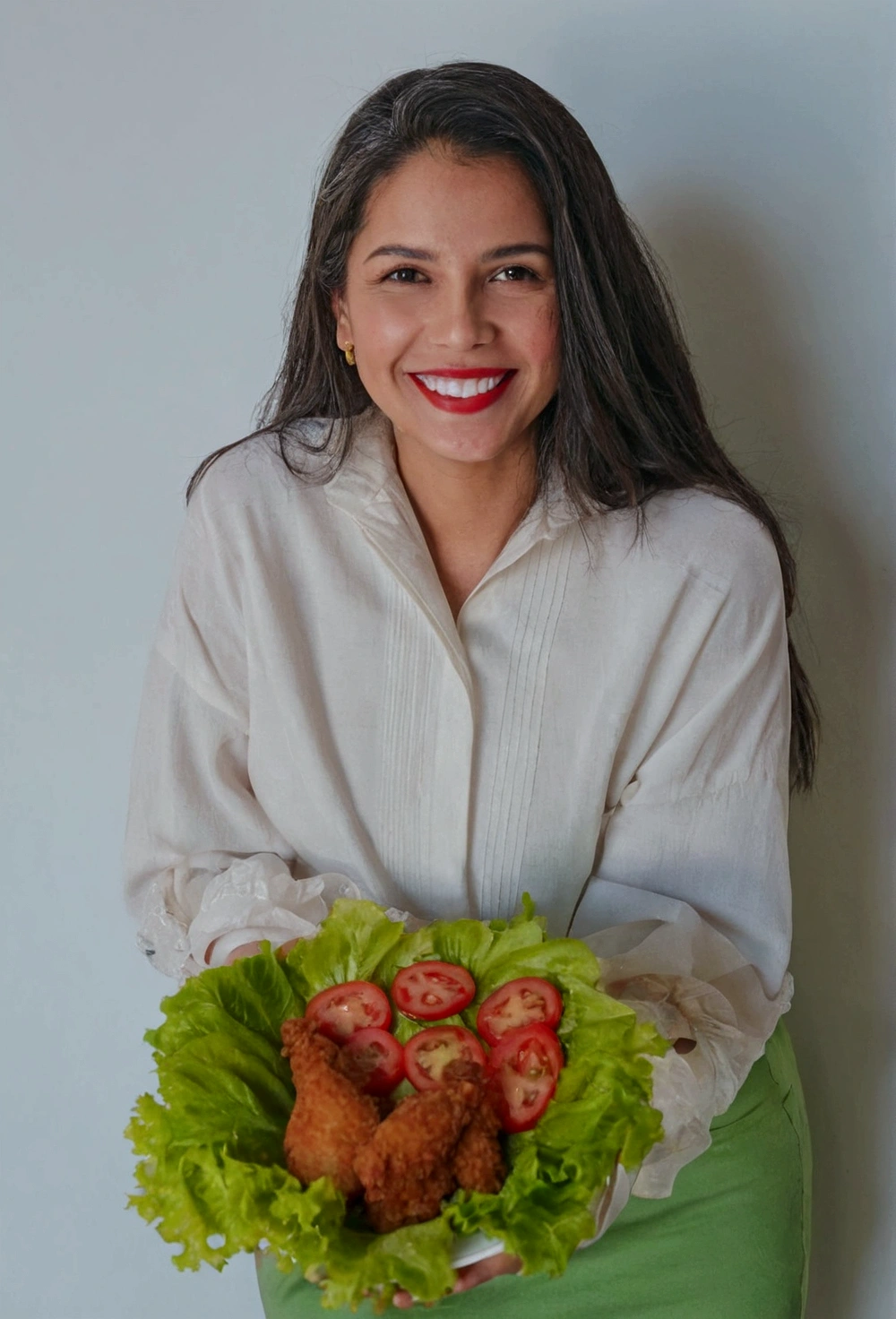 woman with medium wavy hair holding a plate of fried chicken with lettuce and cut tomatoes. She has a clear smile on her face. In the background there is a completely clear wall. Look at the model image and make it as close as possible to it, please.