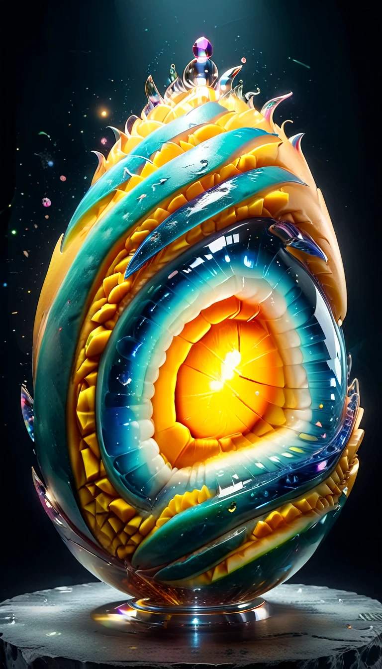 A mango-shaped crystal sculpture, hyper-detailed, 8k resolution, high quality, glowing, abstract, surreal, vivid colors, masterpiece