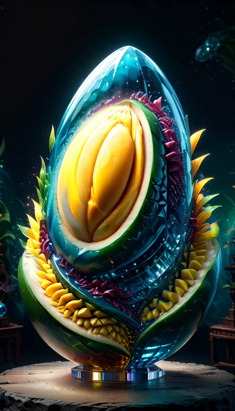 A mango-shaped crystal sculpture, hyper-detailed, 8k resolution, high quality, glowing, abstract, surreal, vivid colors, masterpiece